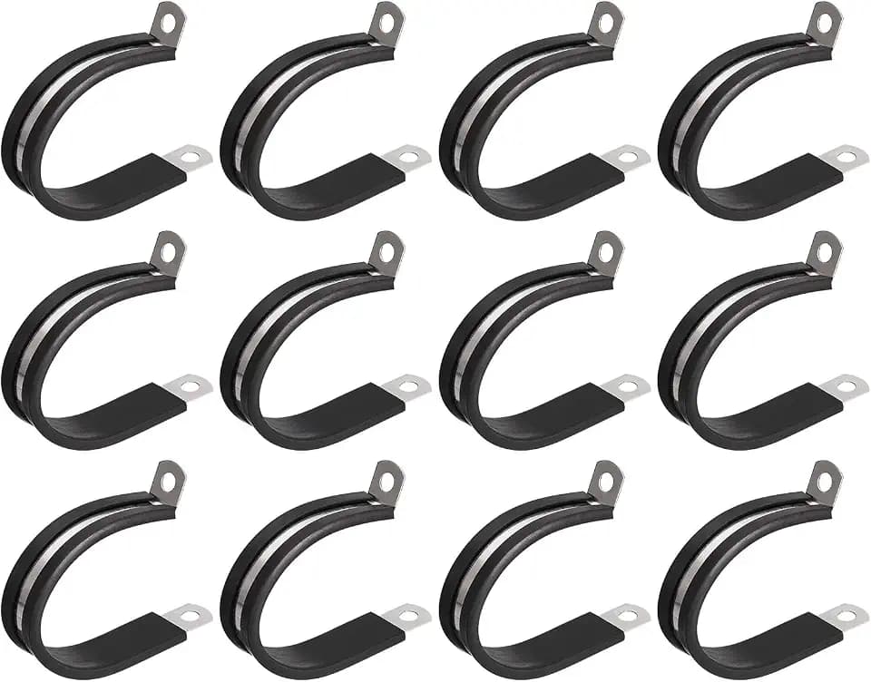 uxcell 12Pcs 1-5/8 Inch(42mm) Black Stainless Steel Rubber Cushioned Insulated R-Shape Pipe Clamp