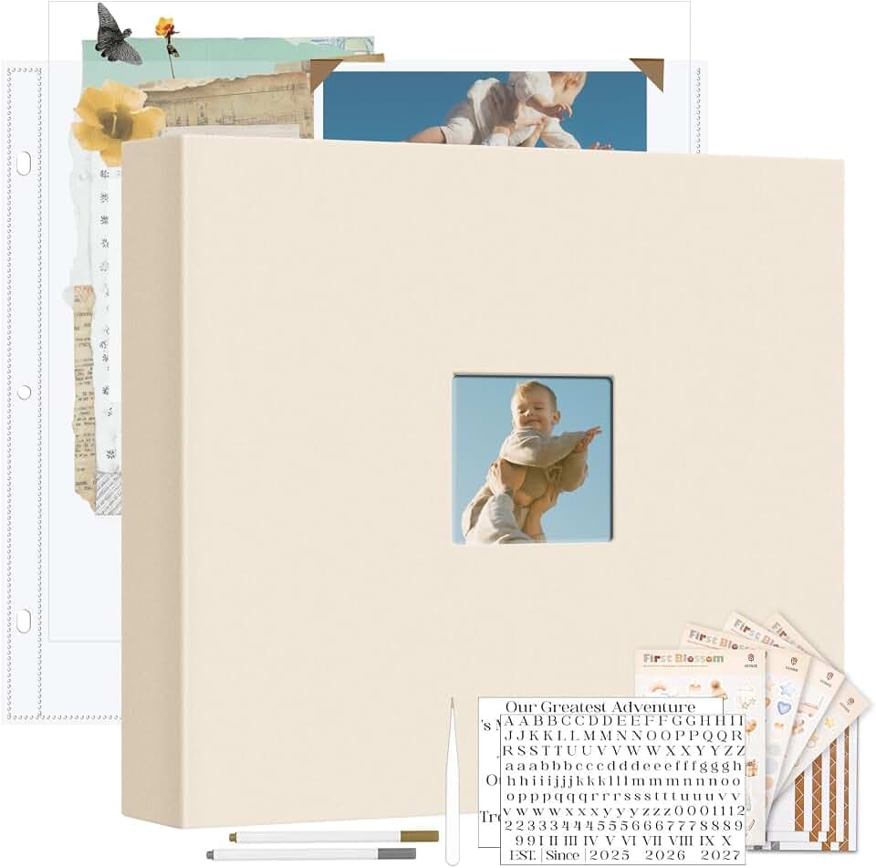 Vienrose Linen Scrapbook Photo Album Kit, Large 3 Ring Binder Scrapbook with 30 Plastic Sleeves, 15x13 Inch DIY Memory Book for Wedding, Baby Shower, Family & Kids Keepsake Gift, Beige
