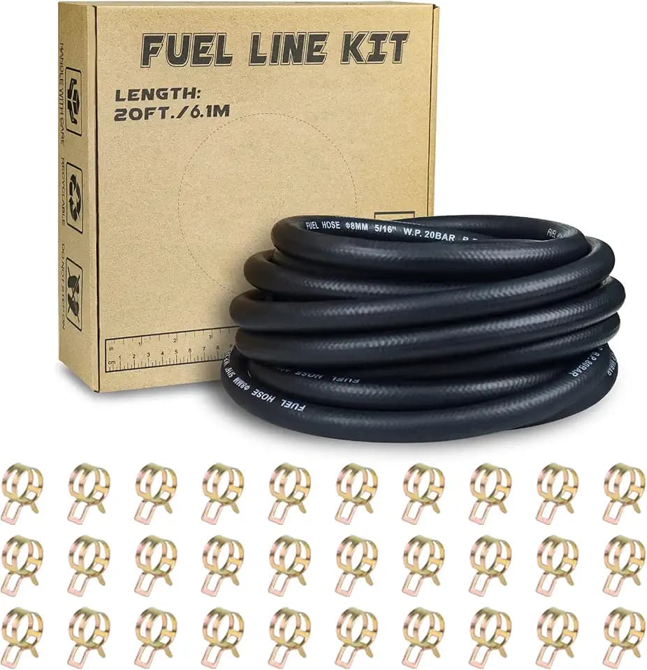 5/16" ID 20-Foot Fuel Line Hose with 30 Pcs Hose Clamps for Motorcycles, Cars, Lawn Mowers, Marine Boat Outboard