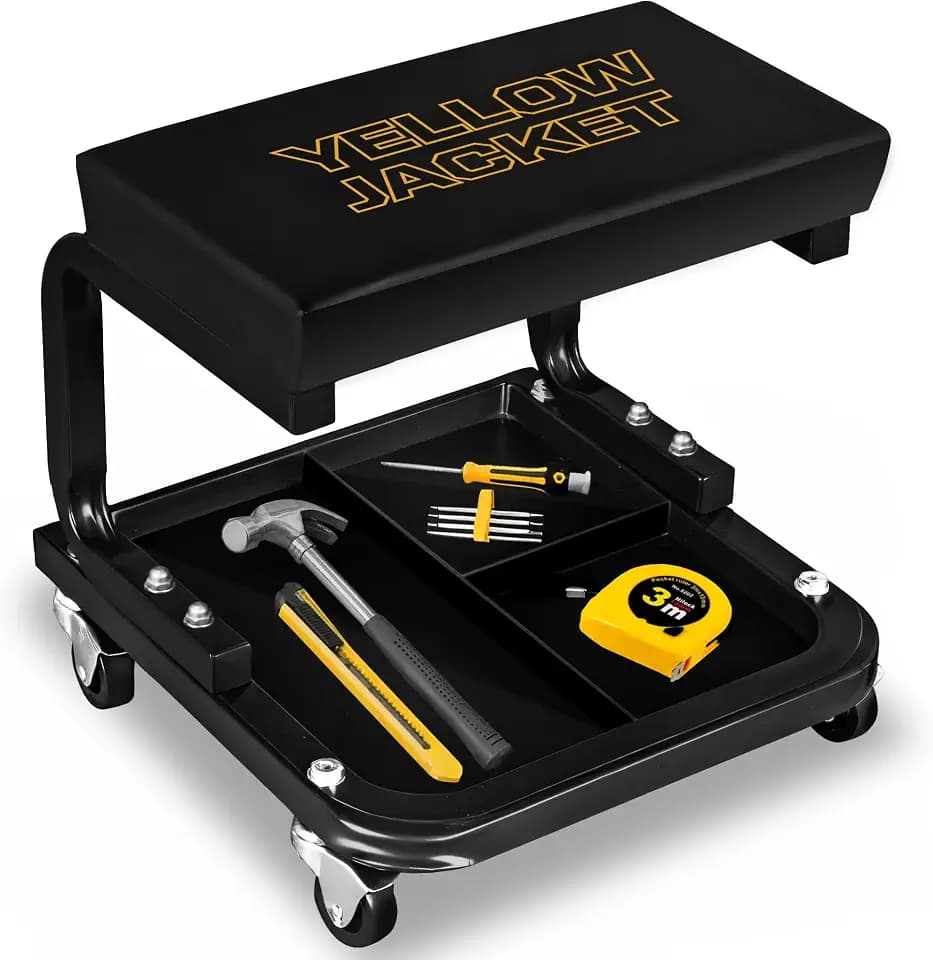 YELLOW JACKET Creeper Garage/Shop Seat, 250 LBS Capacity Rolling Padded Mechanics Stool Removal Seat with Tool Tray