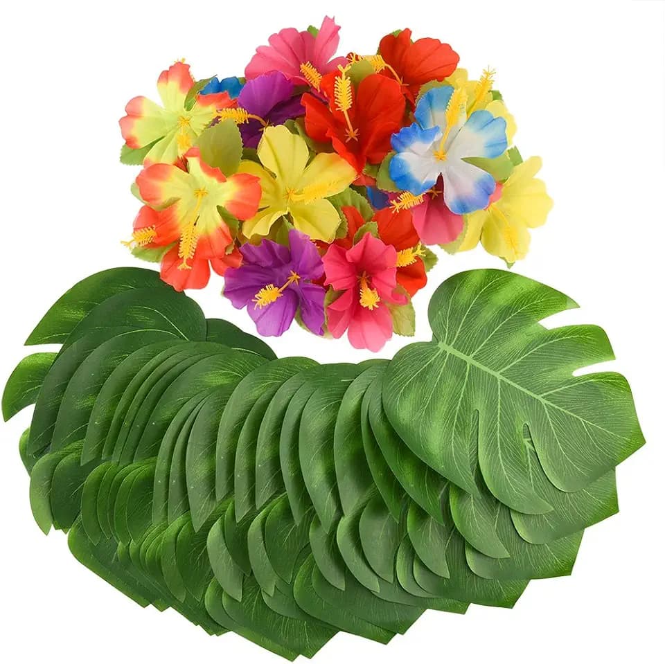 KUUQA 60 Stück Tropical Party Dekoration liefert 8 "Tropical Palm Monstera Blätter und Hibiskusblüten, Simulation Blatt für hawaiische Luau Party Jungle Beach Thema Tischdekoration
