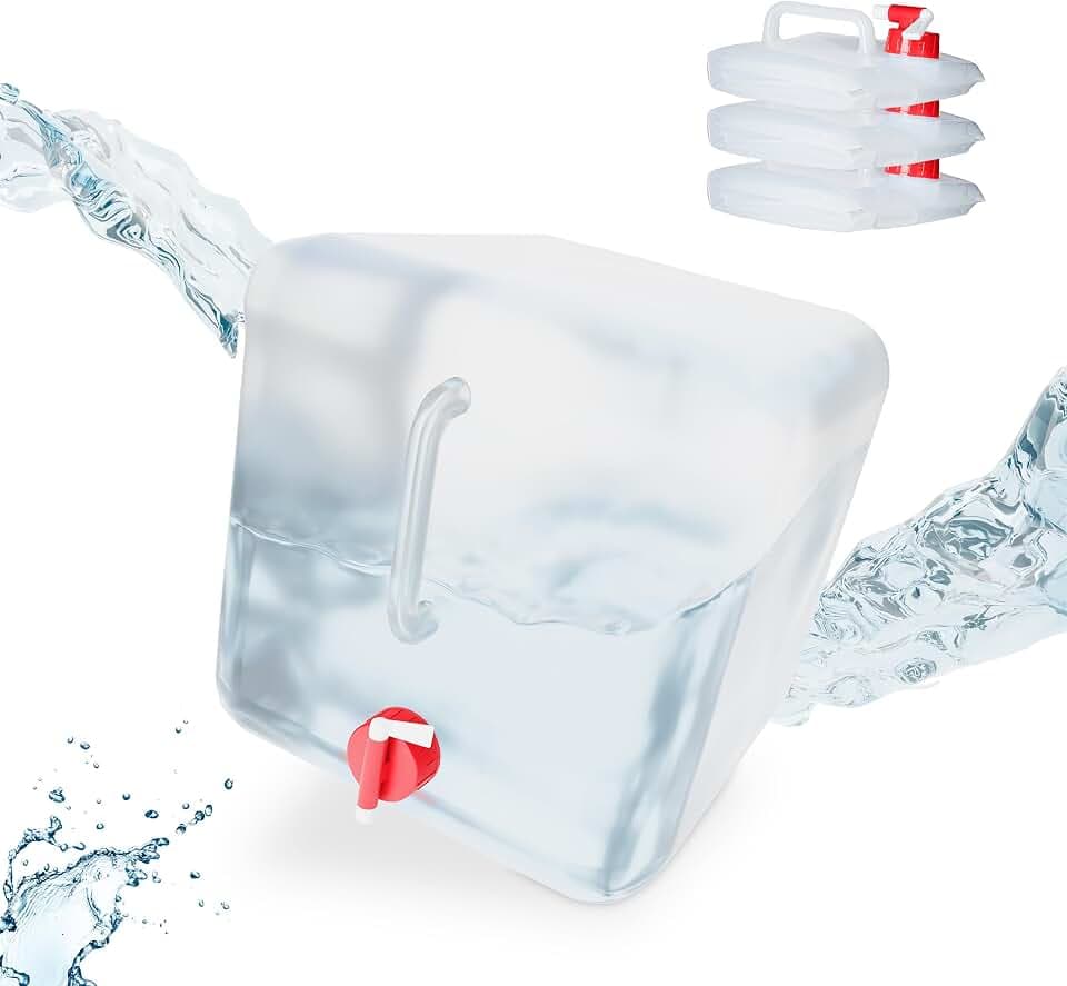Relaxdays Faltkanister 4er Set, 20 l, Hahn, Schraubdeckel, Tragegriff, Wasserkanister Camping, BPA-frei, transparent/rot