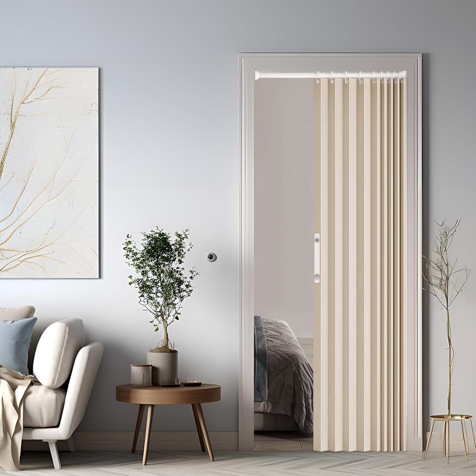 Magnetischer Türvorhang mit Verdunkelung, Faltbarer Raumteiler für Bad/Schlafzimmer/Wohnzimmer, Akkordeon-Design (Cream-Coloured)