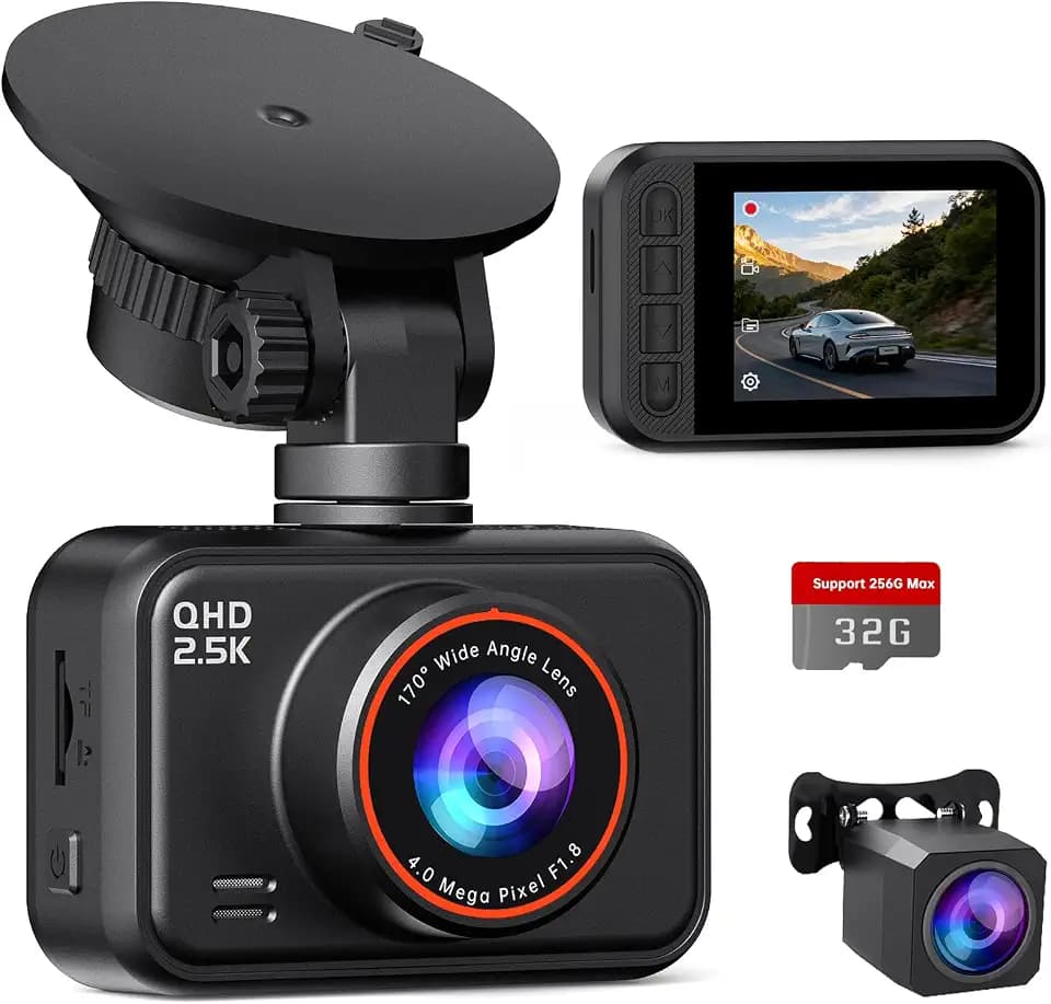 Dual Dash Cam Front and Rear — 2.5K HDR Night Vision Car Camera with G-Sensor & 24H Parking Monitor, Compact Plug & Play Dash Cam with Super Capacitor, 32GB Card Included, Supports 256GB Max