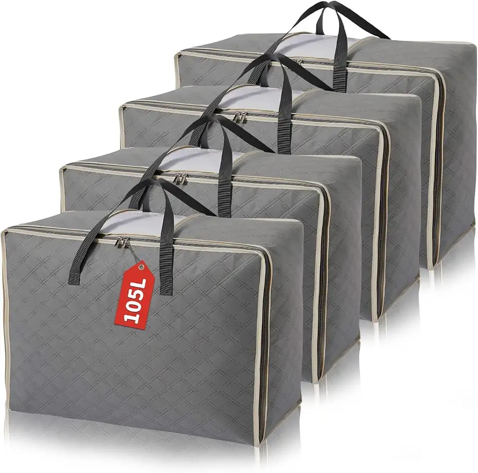 CHARMDI 4er-Pack 105L Aufbewahrungstaschen, Kleiderschrank-Aufbewahrungsorganisator, atmungsaktive große Aufbewahrungstaschen, 3-seitiger Reißverschluss oben, Bettdecken-Aufbewahrungstasche mit