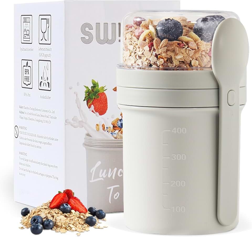 MüSlibecher to Go, Joghurtbecher to Go 450ml+250ml, Joghurt to Go Becher mit Löffel, Müsli Becher to Go für Müsli & Joghurt, Auslaufsicherer Müsli Cup to Go, Lunchpot(Hellgrau)