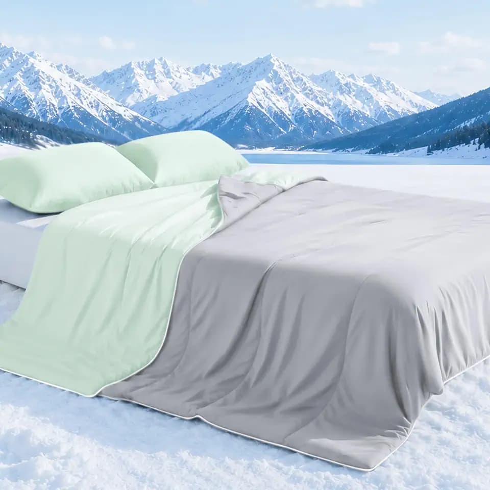 Cooling Comforter Queen Size with Pillow Cases, Lightweight Summer Cooling Blankets for Hot Sleepers, Dual-Sided Cold Bedding Comforter Set for Night Sweats, Cool Gray/Light Green 90"x90" in.