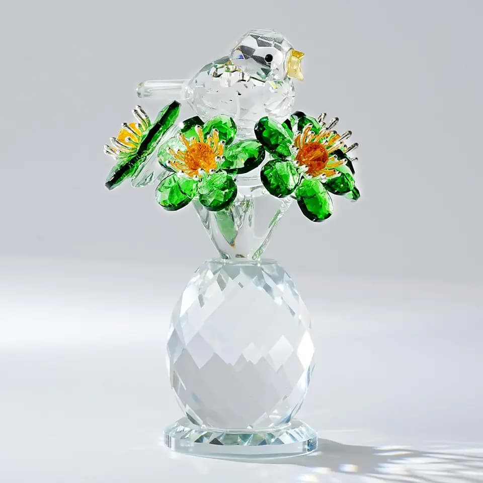 Crystal Bird Flower Figurine 4.7" - Home Office Decor Gift for Women