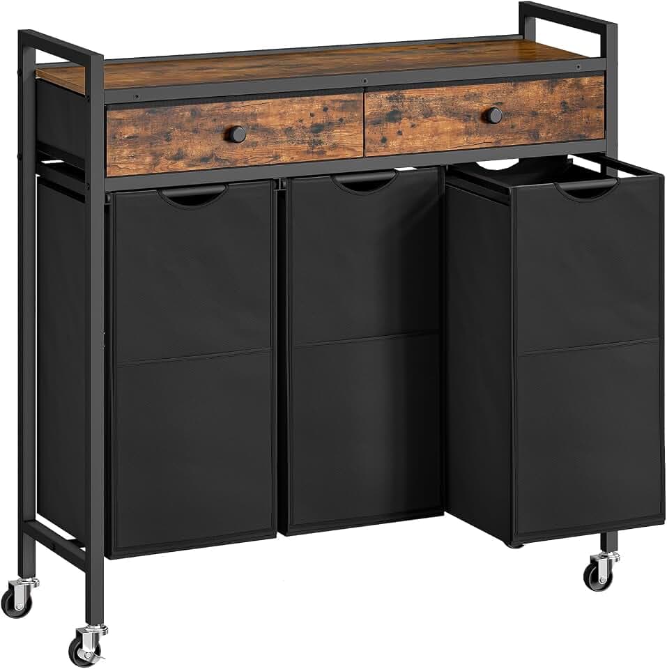 HOOBRO Wäschekorb mit 3 Fächern und 2 Schubladen, 130 L Wäschesammler mit Rollen, 3 herausnehmbaren Wäschesäcken und Ablage, für Waschküche, Bad und Schlafzimmer, Vintagebraun und Schwarz EBF78XY01