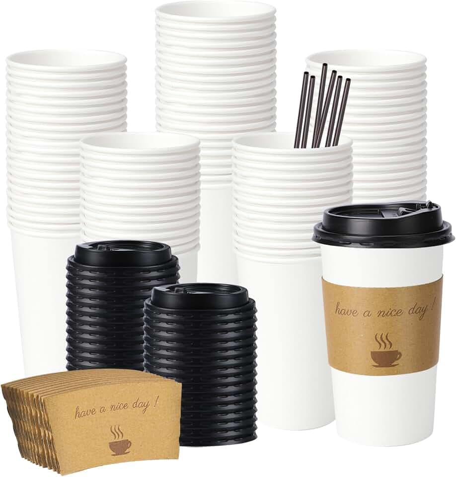 BYSNOW 16 oz 50 pack Disposable Coffee Cups with Lids, Sleeves & Stirrers