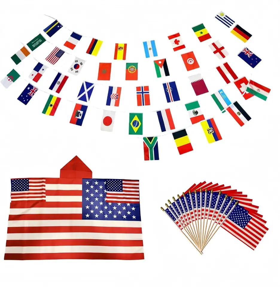FJ Four Joys American Flag Fan Gear Set - 1 Hooded Cape Cloak with Sleeves, 15 Pcs Handheld Flags on Wooden Sticks, 42 Countries String Flag Banner for Soccer Match Day, Watch Party, and Tailgate Decorations