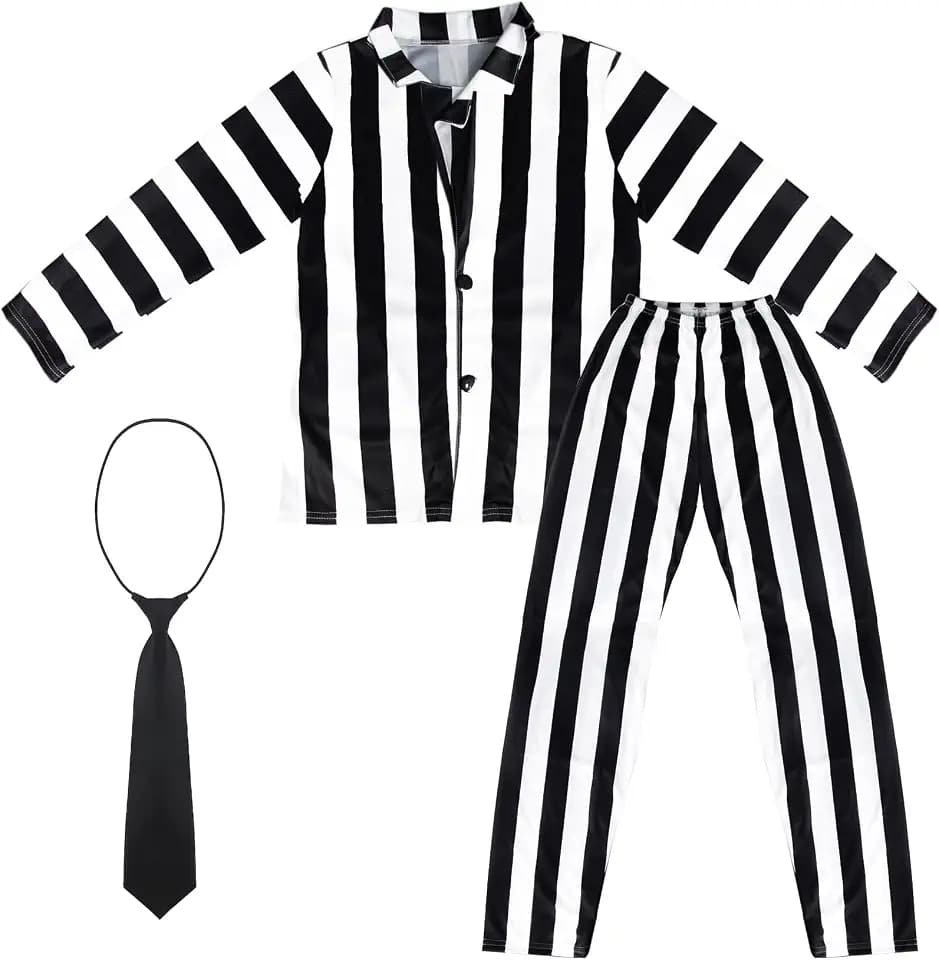 POEWAUVE Kids Halloween Black White Striped Costume Long Pants Outfit with Black Tie for Halloween Cosplay Costume XXL (11-12YRS)
