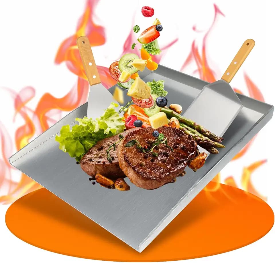 4mm Plancha Grillplatte, 31×23cm, Auslaufsicheres Design Plancha Grill. Mit 2 hölzern Grillschaufeln Ausgestattet. Plancha Grillplatten für Familienfeier, Perfekt Geeignet für Gasgrill, Teppanyaki