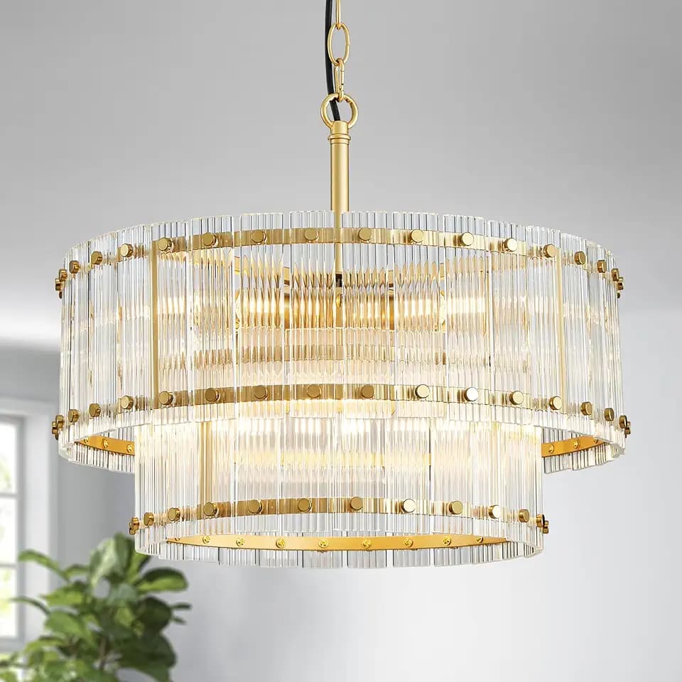 D18in Glass Drum Chandelier, 6-Light Mid-Century Modern Light Fixture for Dining Room, Kitchen, Living Room, D18 x H19~49inch(Adjustable Height), Ripple Glass & Gold Finish