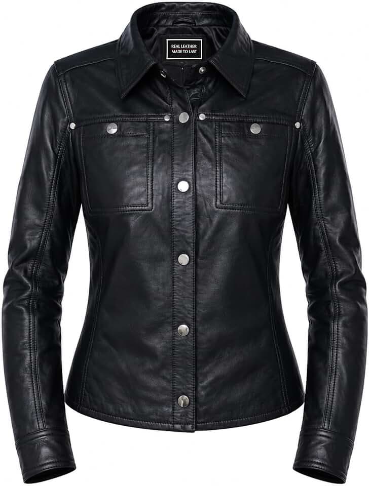 Jild Womens Button Front Lambskin Leather Jacket Shacket - Casual Shirt Long Sleeve Leather Jacket Women with Bust Pocket