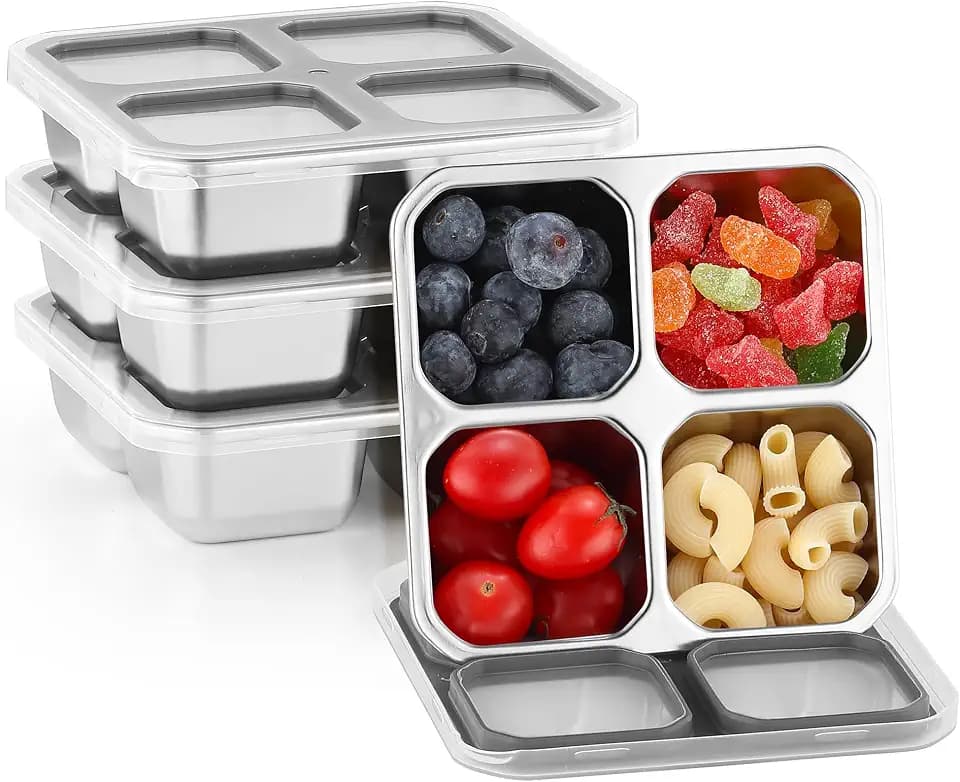 Misichao Edelstahl Snackbox mit 4 Fächern, 400ML Snackdose Kinder, Brotdose Erwachsene, Lunchbox Spülmaschinenfest BPA-Frei (Grau x 4)