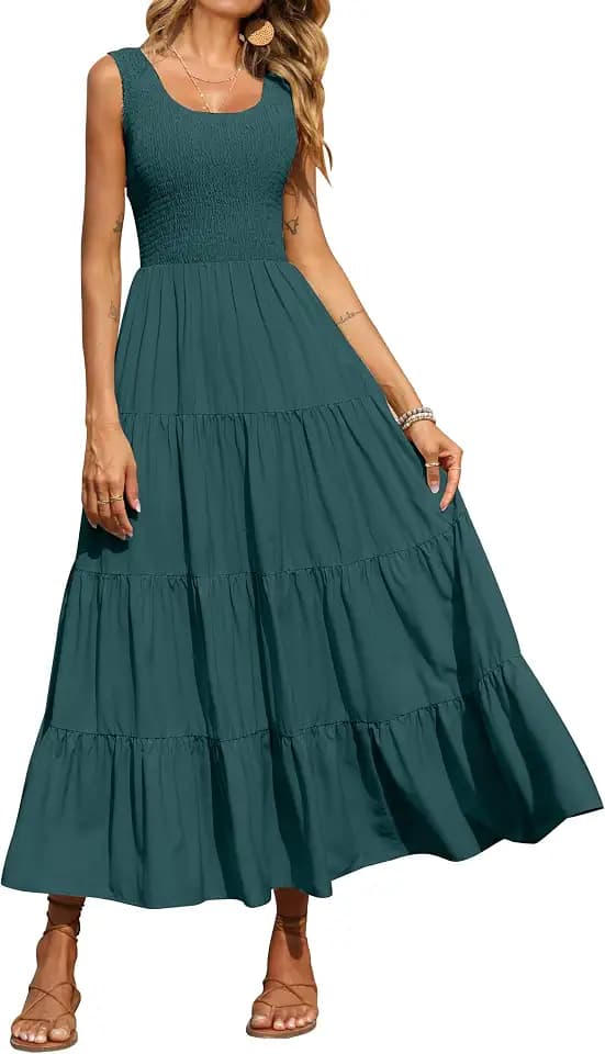 PRETTYGARDEN Women's Smocked Tank Casual Plain Maxi Sundress with Pockets