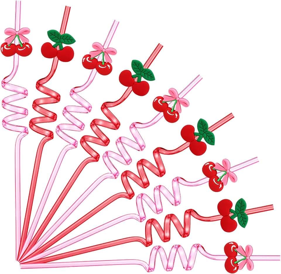 Potchen 24 Pcs Theme Party Straws Cute Drinking Straw, Cherry, Red