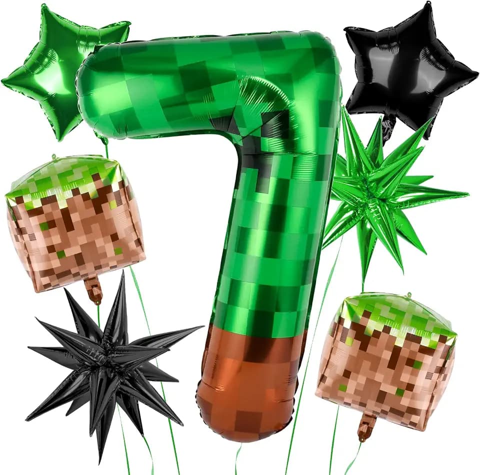40 Inch Green Pixel Miner Number 7 Balloon, 7Pcs Themed Party Decorations