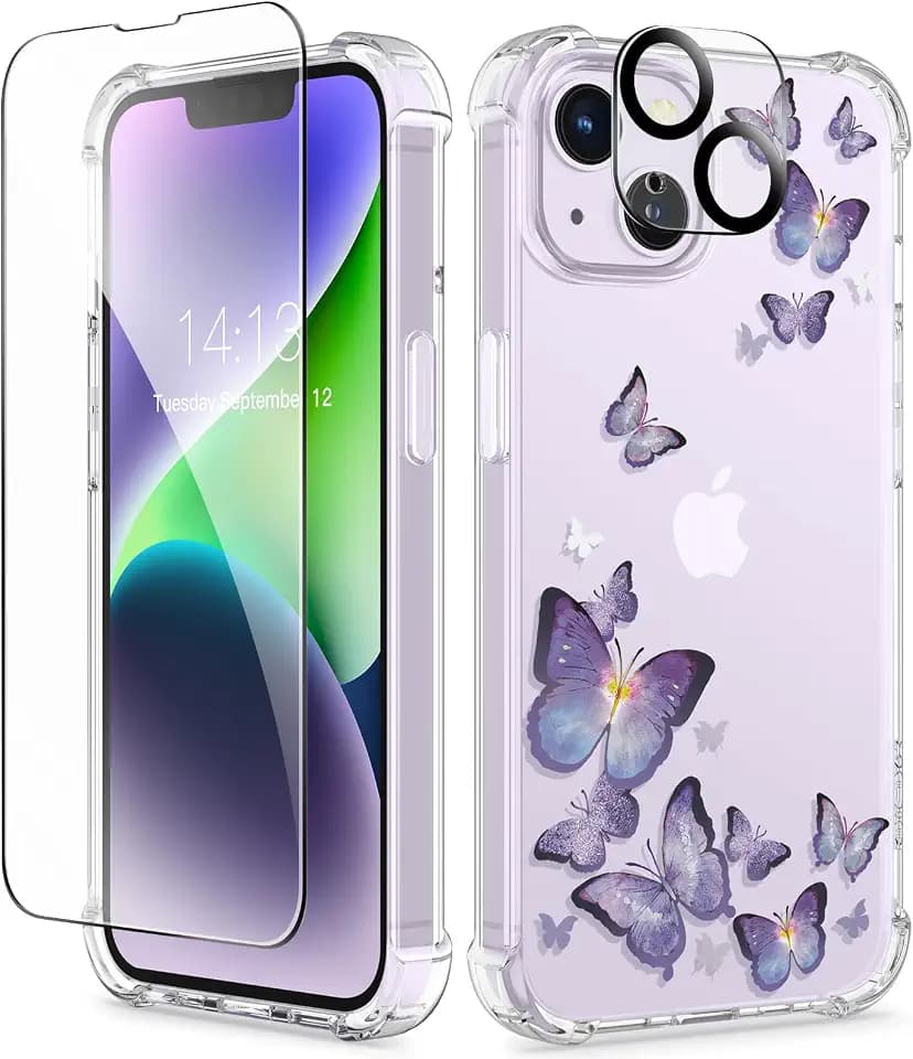 GVIEWIN for iPhone 14 Case Floral, Screen Protector & Camera Lens Protector