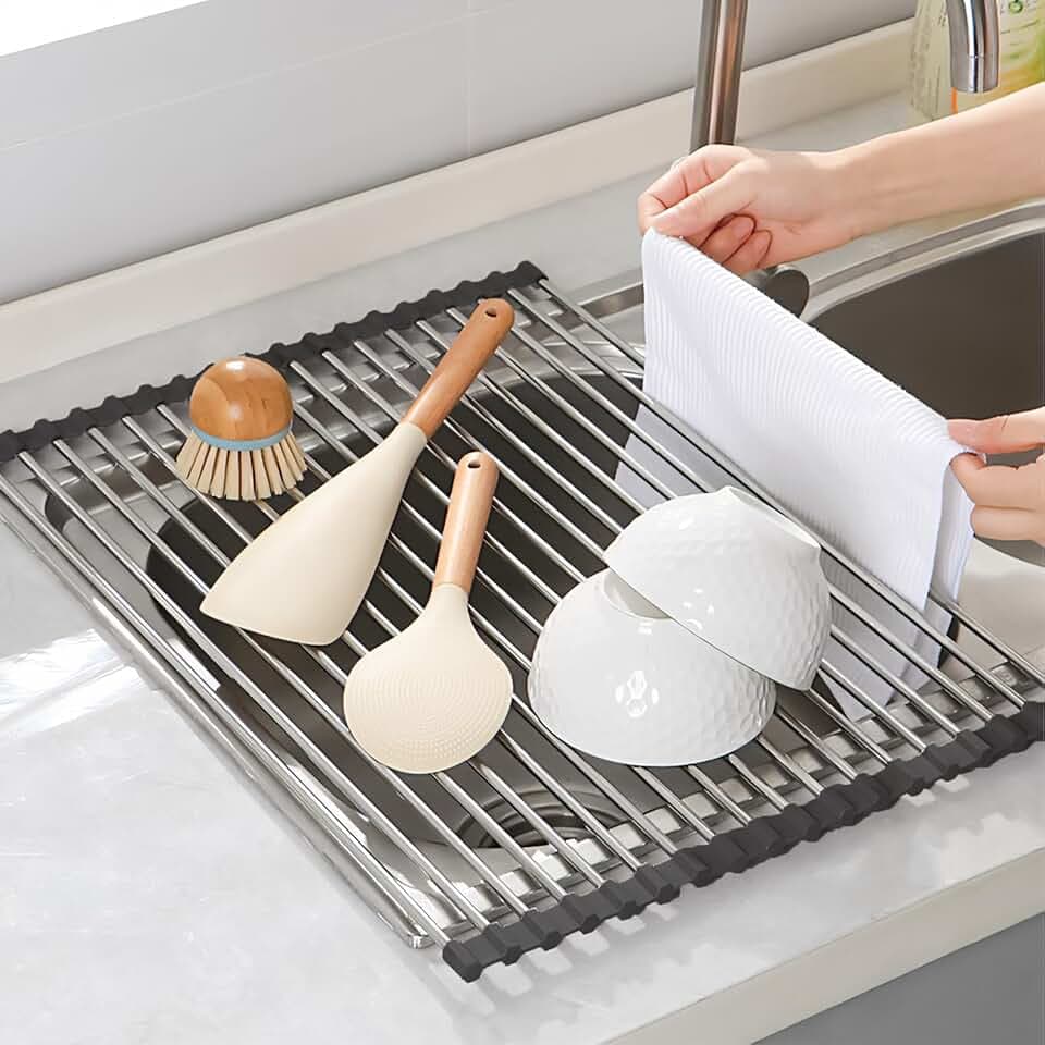 Abtropfgestell Geschirr, Geschirrabtropfgestell Edelstahl über Dem Spülbecken, Abtropfmatte, Faltbare Abtropfgitter spüle Küchen Organizer für Spültuchhalter, Obst, Gemüse. (Schwarz(43*35))