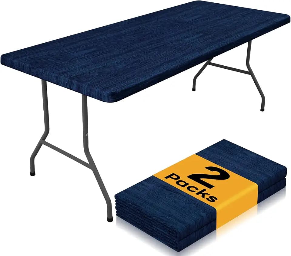 Smiry 2 Pack Rectangle Table Cloth 6 Foot, Waterproof Elastic Fitted Tablecloths, Windproof Washable Polyester Table Cover for Picnic, Camping, Outdoor (Navy & Black, 30"x72")