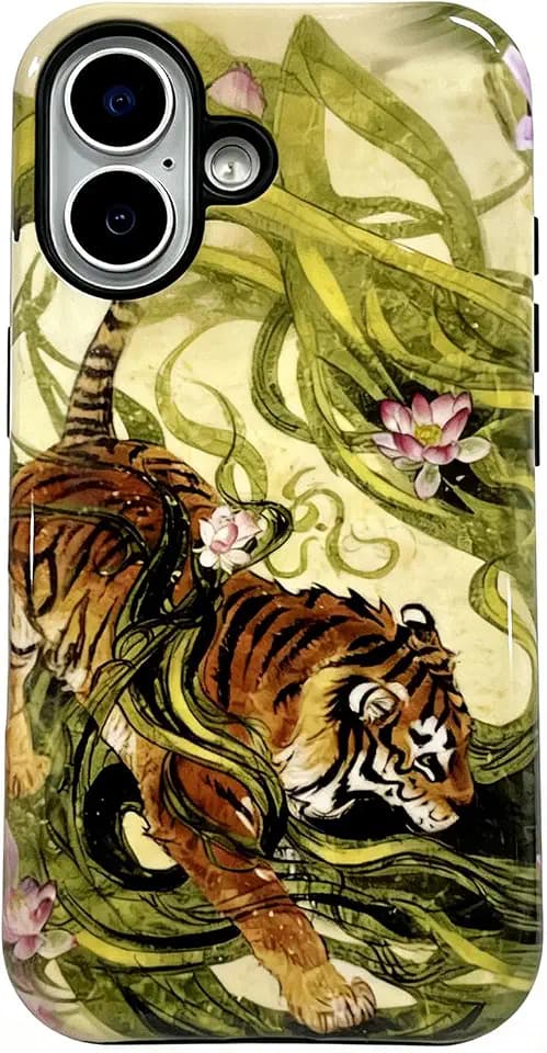 for iPhone 16 Phone Case Cute Retro Chinese-Style Tiger Animal Print Made of Hard PC Material, It Provides Full Protection with A Glossy Finish for Women Green