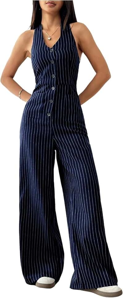 Verdusa Women's Striped Button Down Halter Jumpsuits Sleeveless High Waisted Straight Leg One Piece Dressy Rompers