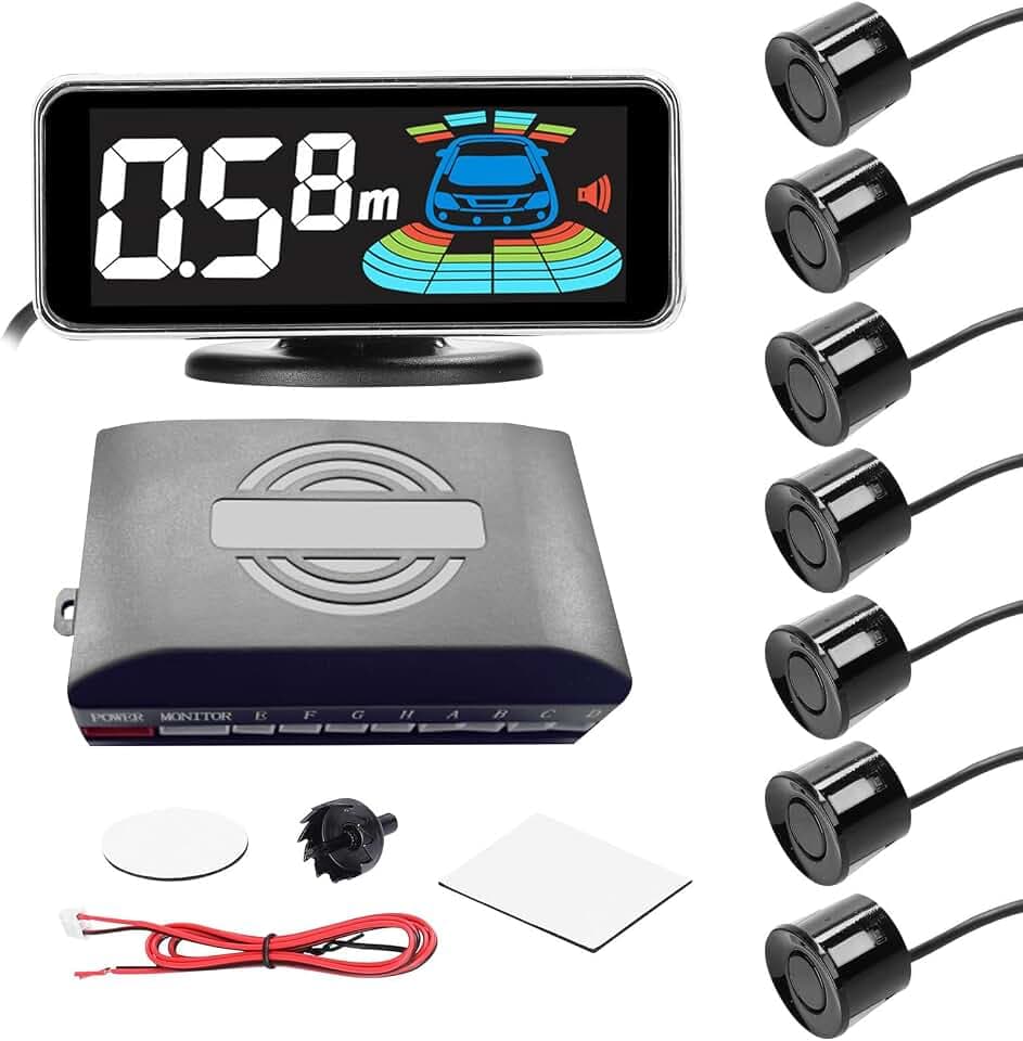 Goolsky Parksensor Einparkhilfe, Rückfahrradar System mit 4/8 StückVorne Hinteren Parksensoren, LCD Abstandsanzeige, Ton Warnsummer