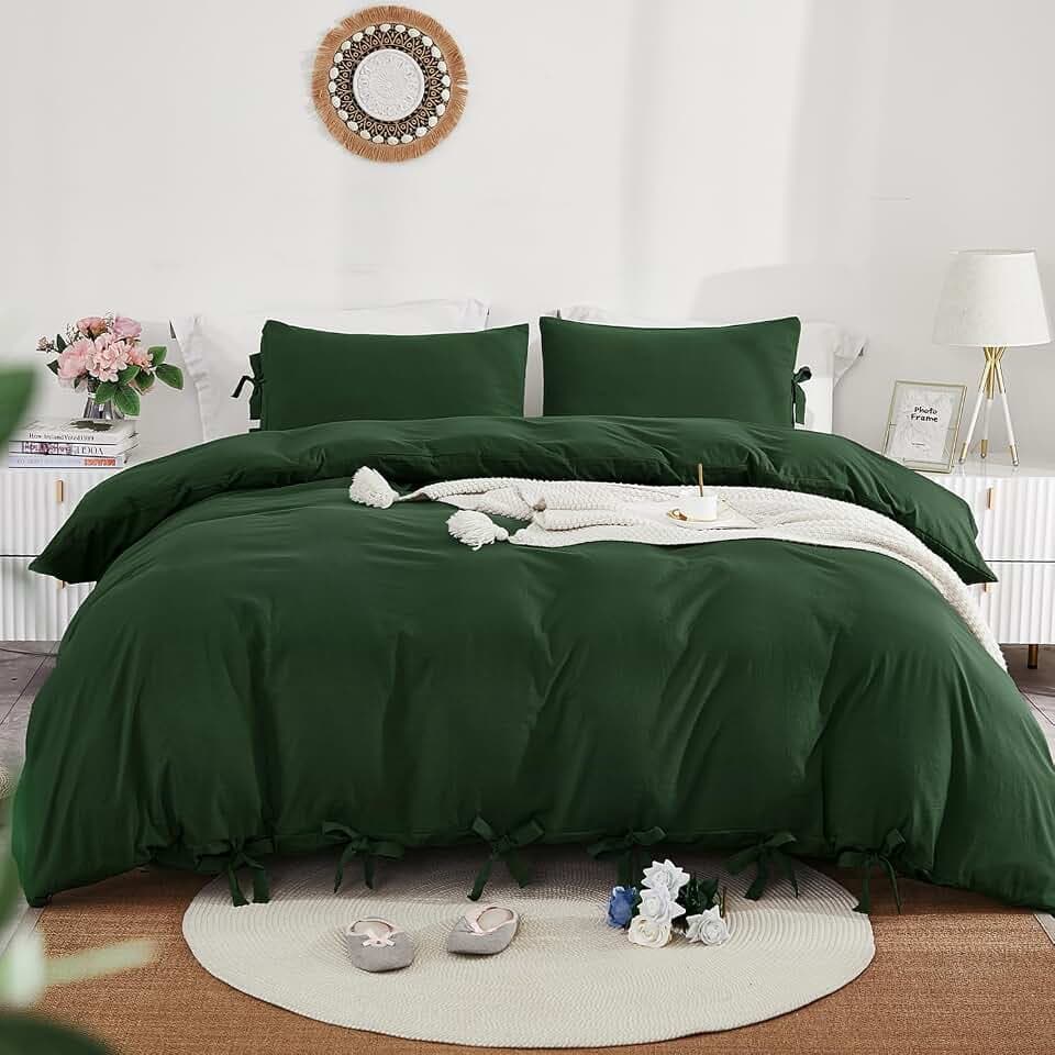 annadaif Dark Green Duvet Cover Queen Size, 3 Pieces Duvet Cover Set
