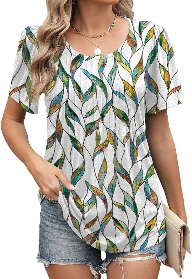 Famulily Damen Sommer Rundhals Tops Vorne Plissee T-Shirts für Damen Kurzarm Tunika Blusen