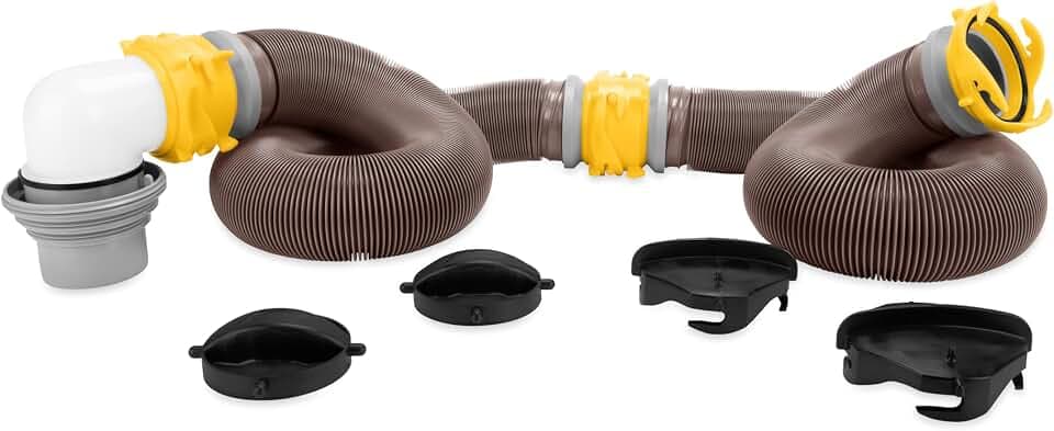 Camco Revolution 20-Ft Sewer Hose Kit - Features Translucent Elbow Fitting w/ 4-in-1 Adapter - Connects to 3” Slip or 3”/3.5”/4” NPT Threaded Sewer Connection (39634)