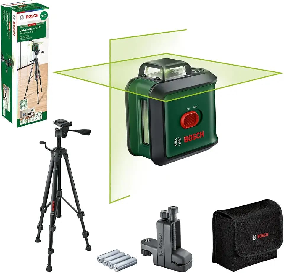 Bosch Kreuzlinienlaser UniversalLevel 360 mit Universalklemme MM 3 und Premium-Stativ TT 150 (vertikale + horizintale Laserlinien inkl. 360° zum Ausrichten im ganzen Raum, im Karton)