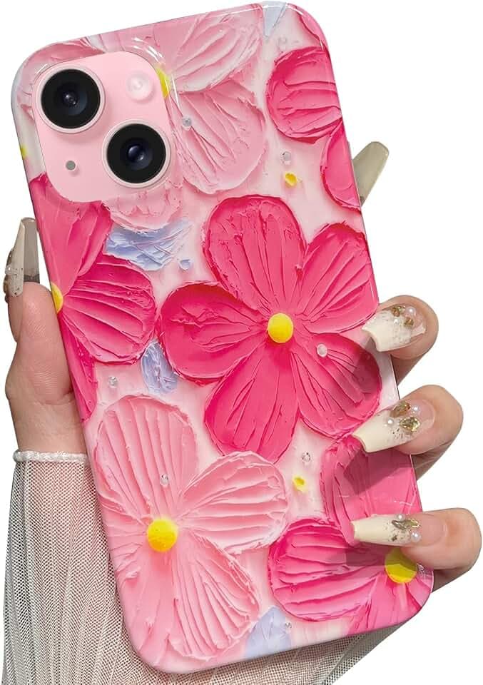 for iPhone 15 Case Women Girly Aesthetic Sparkle Translucent Cute Floral with Phone Strap Charms Wristlet Oil Painting Shockproof Protective Phone Cases Hot Pink