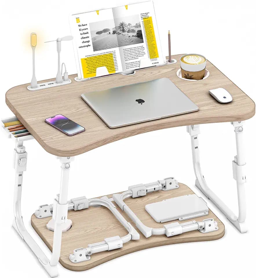 Lap Desk for Bed Adjustable Height, Foldable Bed Table with Storage Drawer, Tablet Slot & Cup Holder, Portable Laptop Stand for Bed & Sofa, Bed Desk for Adults & Kids, Glacier