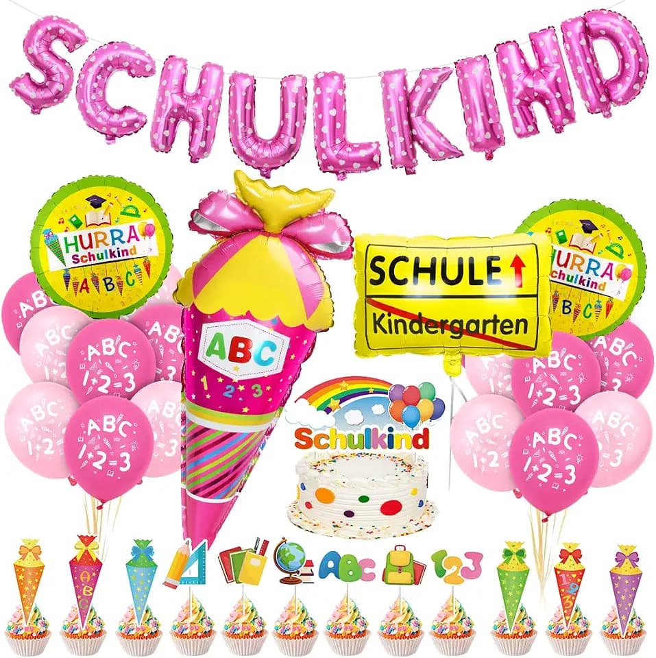 Einschulung Deko Set Rosa, Schulkind Folienballon, Zuckertüten Folienballon, Kindergarten Ballon, Tortendeko Schuleinführung, Deko Schulanfang Mädchen, Einschulung Luftballons für Mädchen