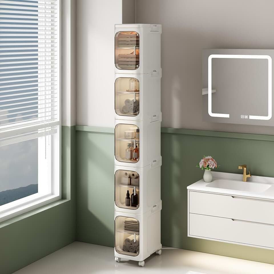 NETEL Stapelboxen, Plastikbox mit Deckel,aufbewahrungsschrank，badezimmerschrank schmal，badschrank，badmöbel，toilettenschrank，eckschrank，hochschrank badezimmer，5 Stück