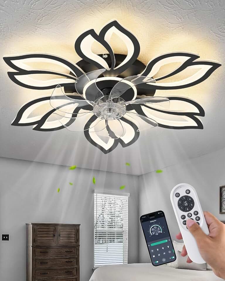 Modern Flower Petal Ceiling Fan with Light, Low Profile Flush Mount LED Fandelier with 3-Color Dimmable Light & 6-Speed Remote, Quiet Bladeless Fan for Bedroom/Living Room – Black