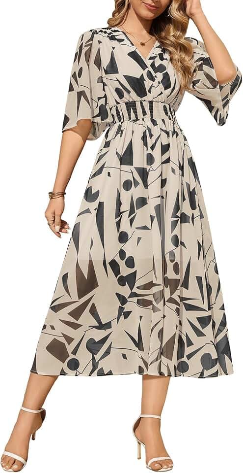 Sommerkleid Damen Lang Elegant Kleid Sommer Blumenkleid Kurzarm Boho V-Ausschnitt Hohe Taille Blumen Maxikleid Strandkleid A-Linie Elastischer Bund Flowy Kleider