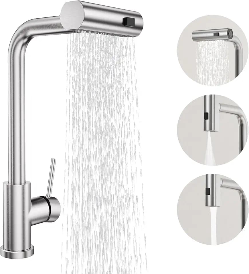 BESy Küchenarmatur mit 3 Strahlarten, Herausziehbarer Brause Wasserfall Wasserhahn Küche, 360° Drehbar Hochdruck Spültischarmatur, SUS304 Edelstahl Mischbatterie Gebürstet
