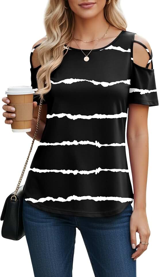 NILOUFO Cold Shoulder Tops for Women Summer Short Sleeve Blouses 1-3 Pack
