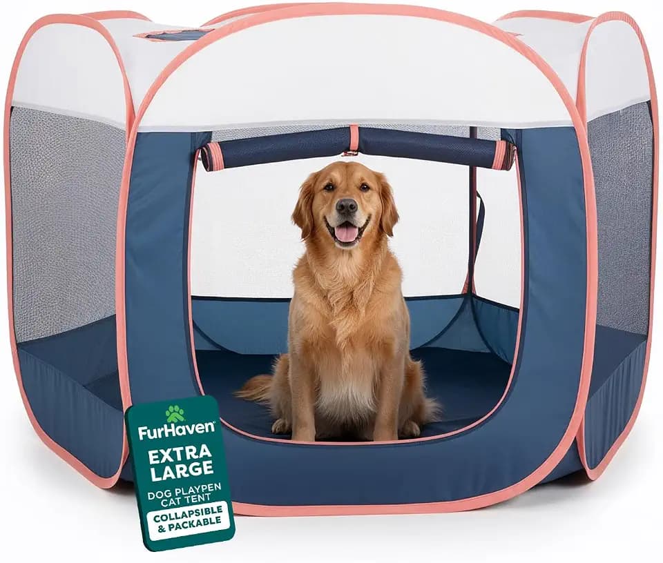 FurHaven Soft-Sided Dog & Cat Playpen, Portable Foldable Indoor & Outdoor Pet Playpen with Mesh Windows & Zippered Door, Navy, Extra Large