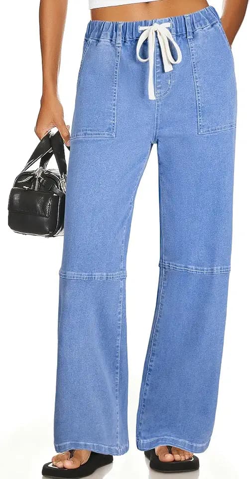Sidefeel Women's Wide Leg Jeans High Waisted Elastic Stretchy Trendy Drawstring Baggy Pull On Denim Pants with Oversized Fit