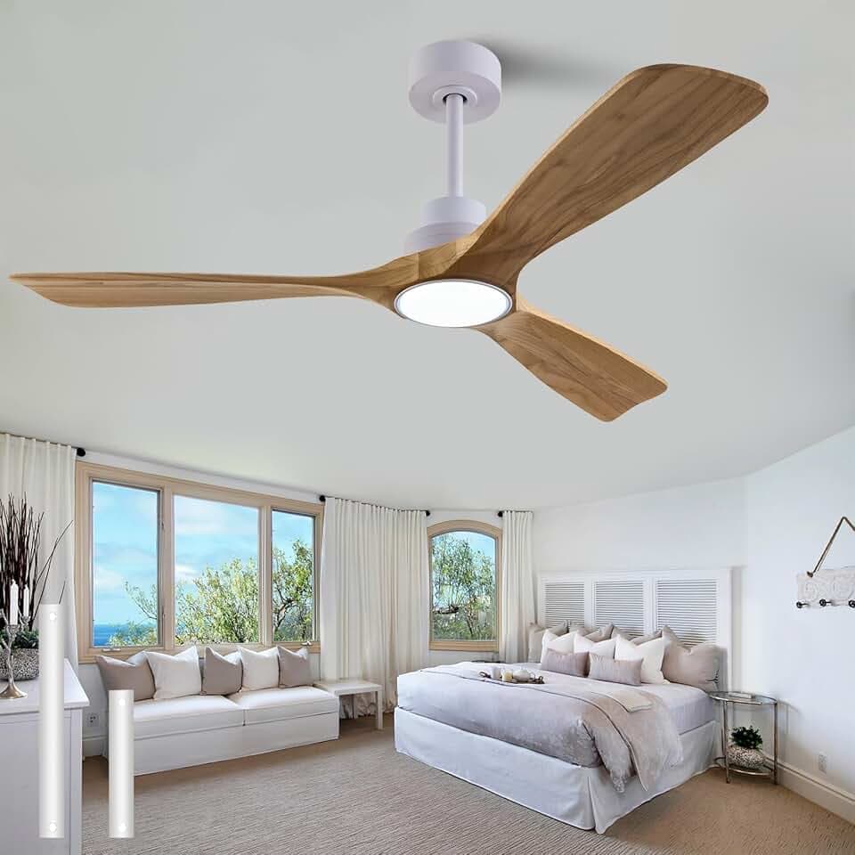 QUTWOB New Ceiling Fan With Light (White + Raw wood, 52 inch, With Light)