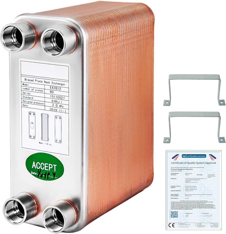 BestEquip Plattenwärmetauscher Edelstahl B12-60,Wärmetauscher 60, Plattenwärmetauscher 3,0 MPa, Wärmetauscher heizung, Silber