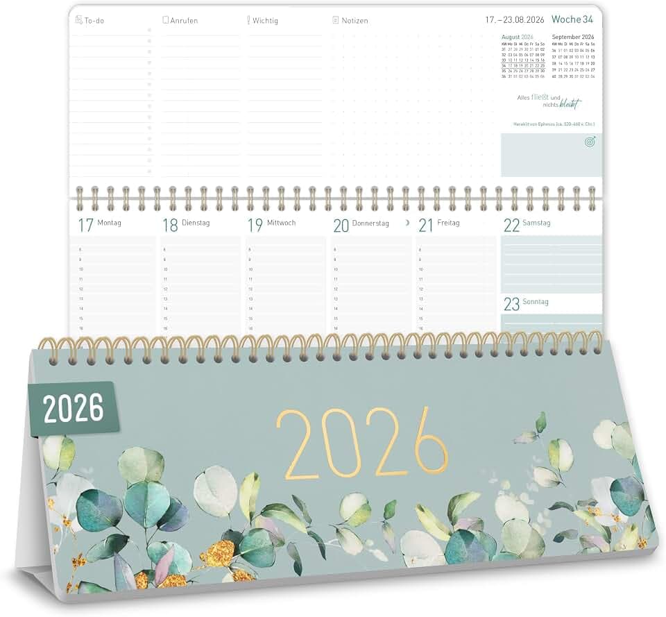 Häfft® Wochen-Tischkalender 2026 quer mit Aufsteller "Minty Leaves"