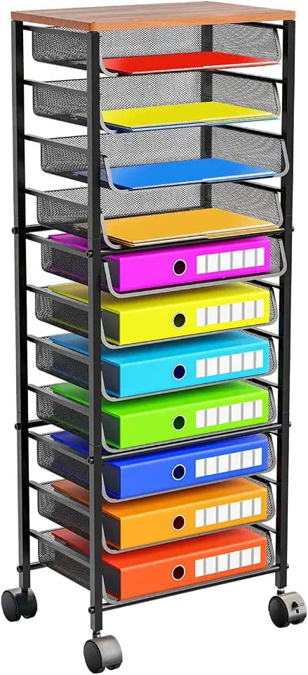 Simple Trending 12-Tier Rolling File Cart, Desk File Organizer with 11 Mesh Sliding Trays, Letter & Legal Paper Storage Rolling Utility Cart for Office Home School, Black