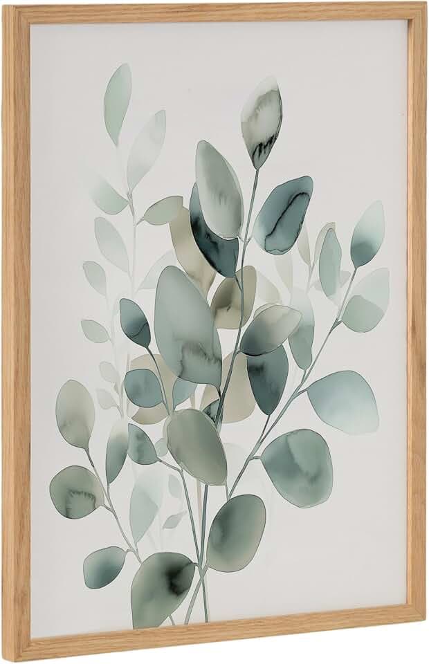 Kate and Laurel Modern Minimalist Botanical Watercolor in Muted Teal Framed Wall Art by The Creative Bunch Studio, 12x16 Natural, Soft Eucalyptus Plant Art for Wall