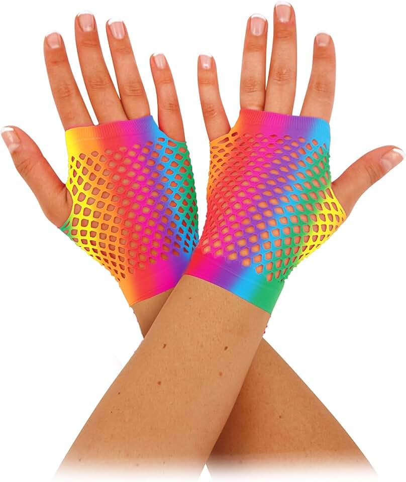 HENBRANDT Regenbogen-Fischnetz-Handschuhe, kurz, fingerlos, LGBTQ+, Pride, Zubehör, Handgelenklänge, dehnbares Netzgewebe, Neonhandschuhe, 80er-, 90er-Jahre Zubehör für Damen, regenbogenfarben, One