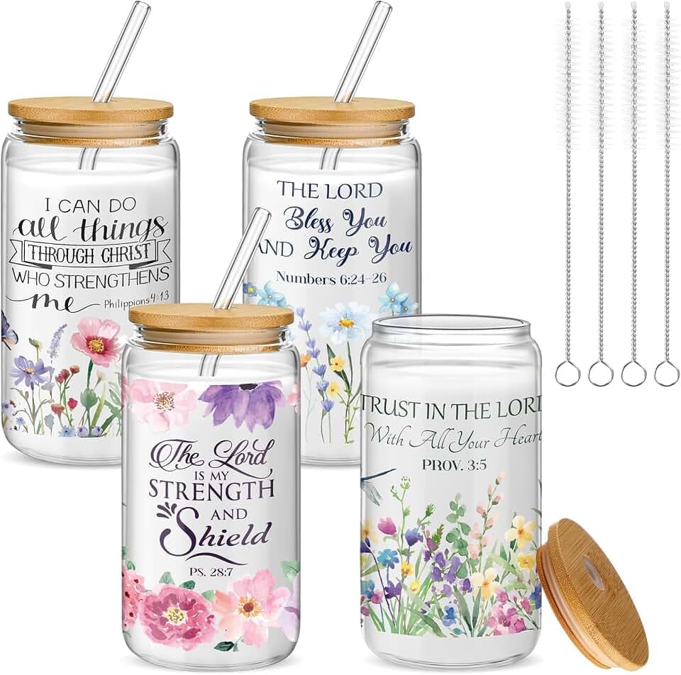 Mumufy 4 Pack Bible Verse Glass Cups with Lids and Straws 16 oz Coffee Cups